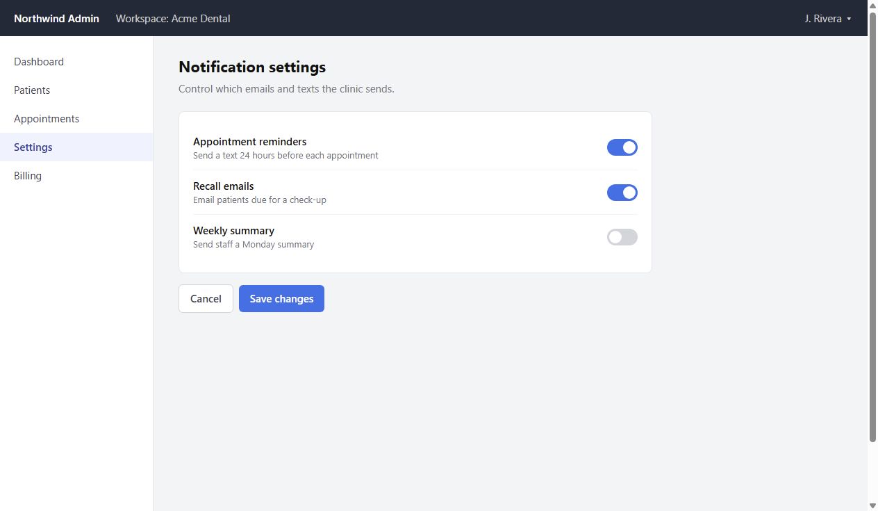 Mock settings screen with Appointment reminders switched on