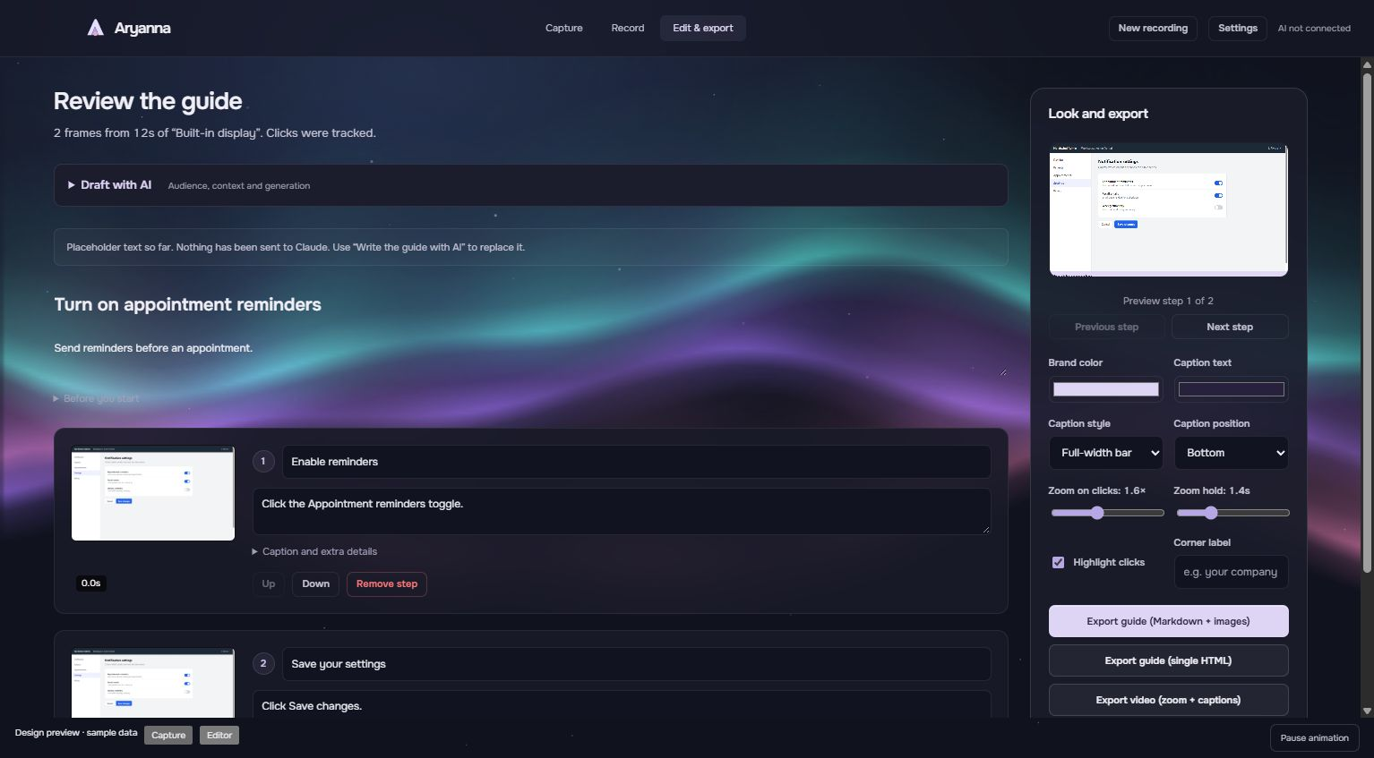 Aryanna editor with sample guide steps, a video preview, and theme controls